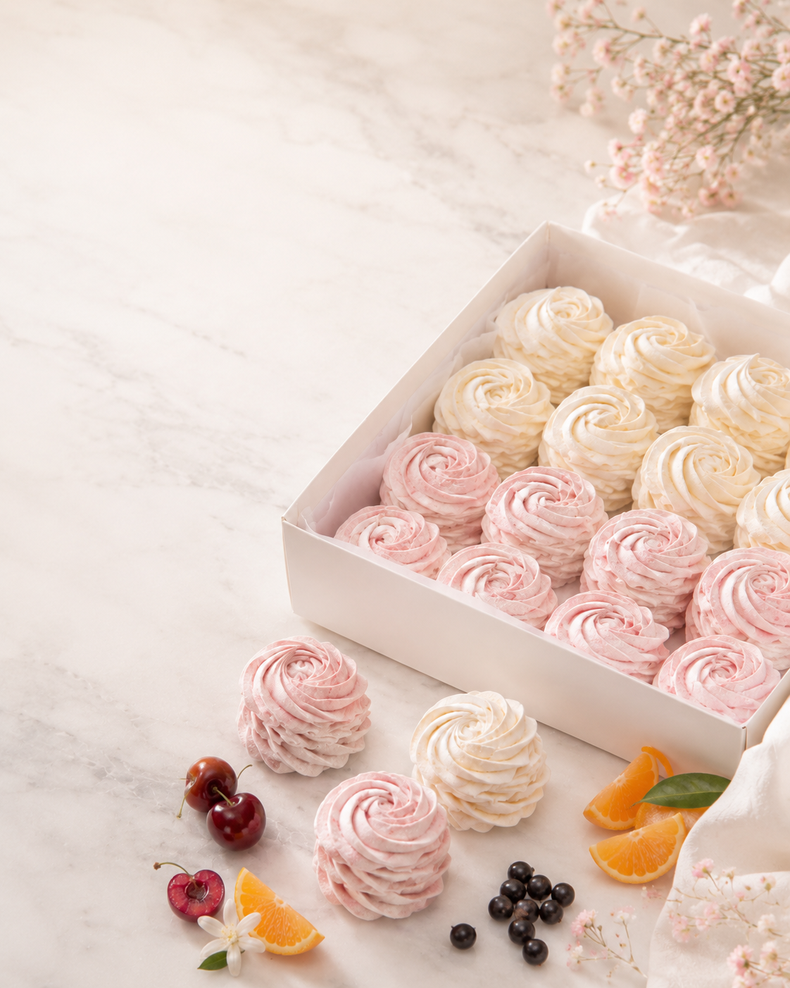 Assorted pink and ivory zefir on marble with fresh fruit