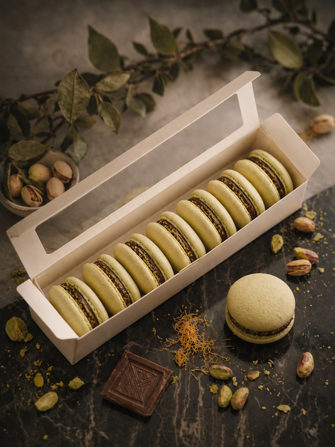 Dubai Chocolate signature macarons with pistachio and chocolate.