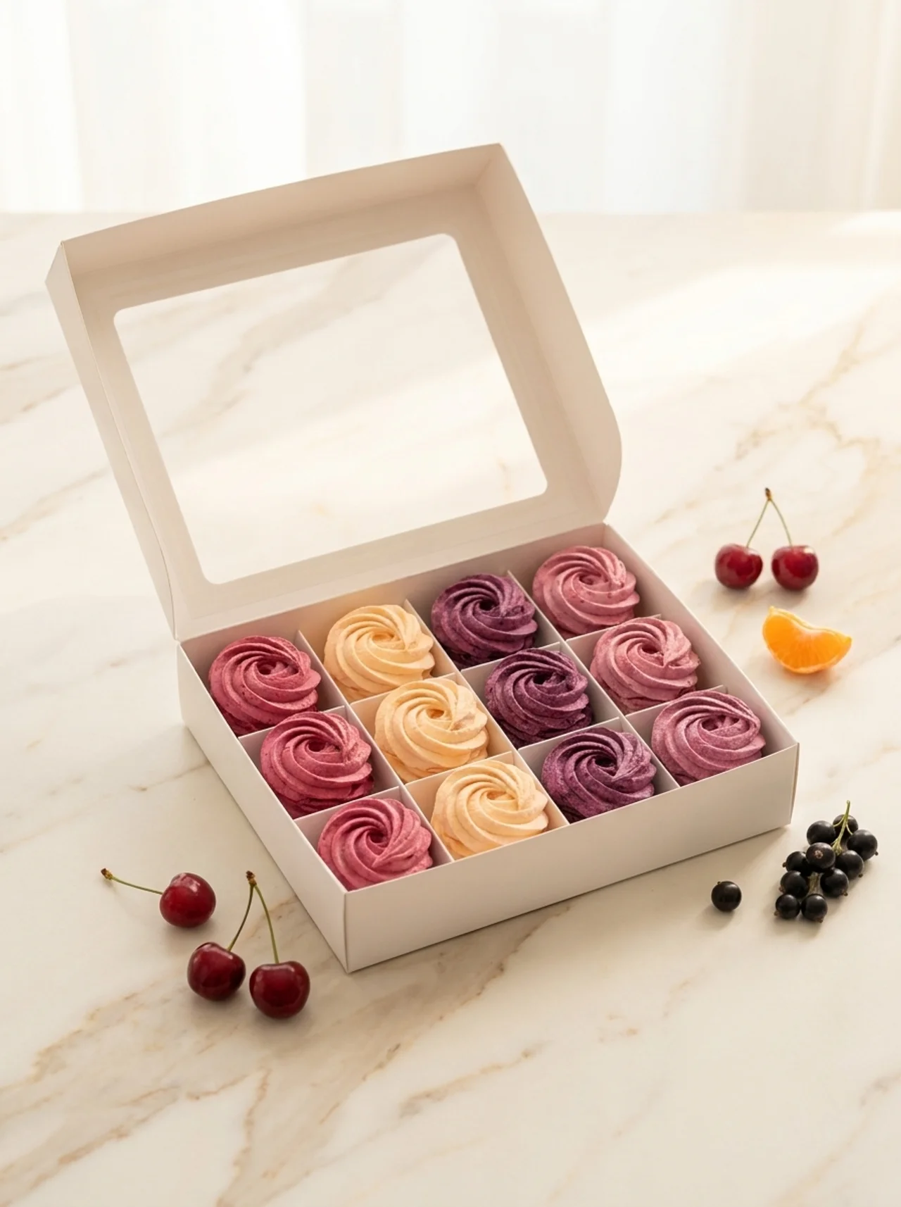 Box of twelve assorted zefir on marble