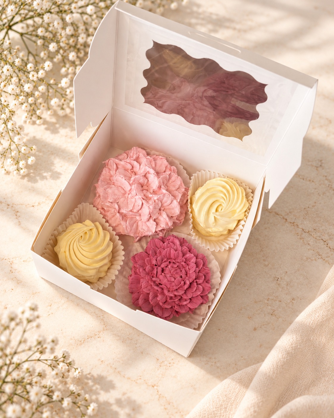 Gift box of hand-piped zefir flowers with classic whipped zefir