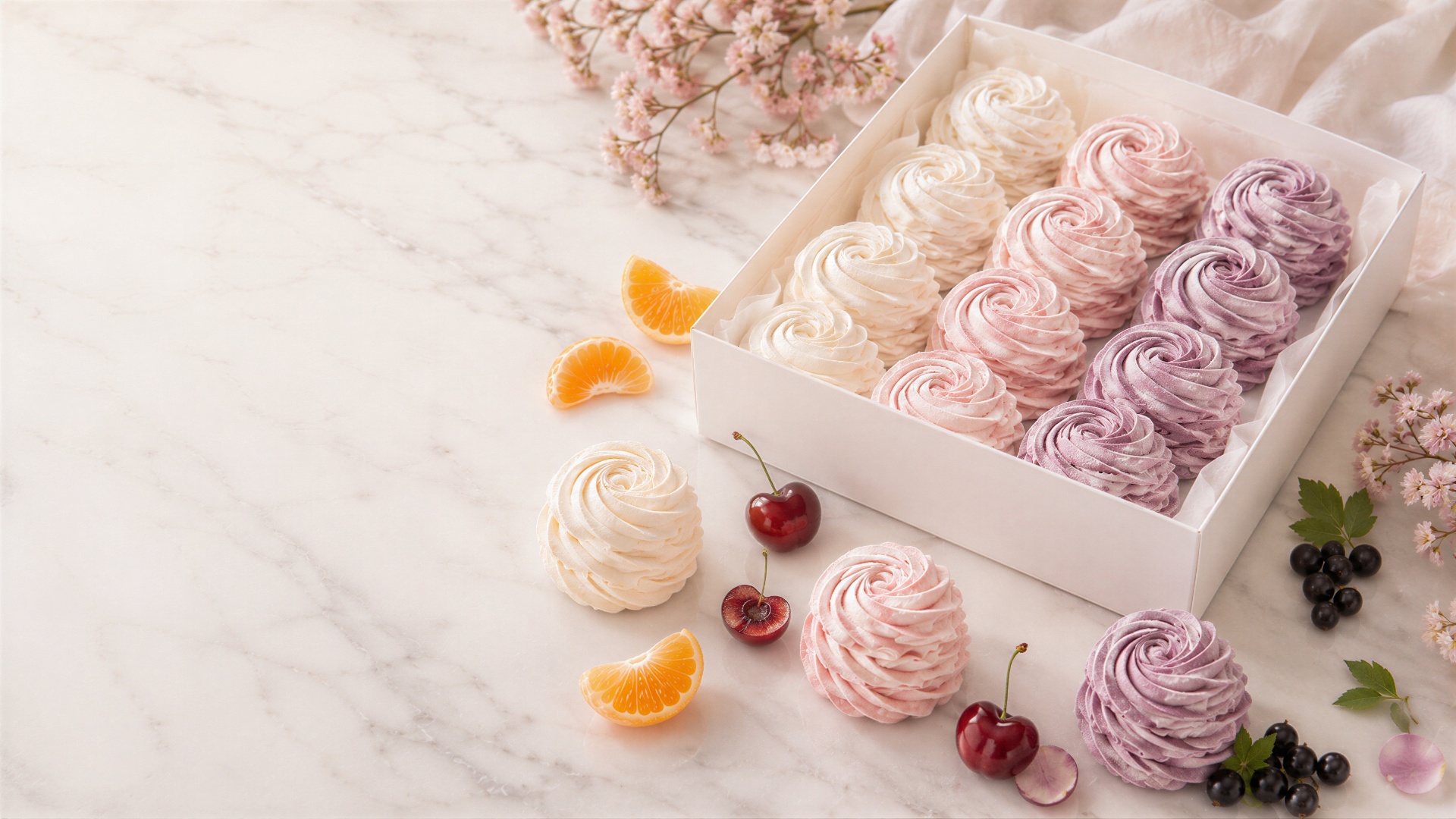 A box of handcrafted zefir swirls in mandarin, sour cherry, and blackcurrant on a soft marble surface.