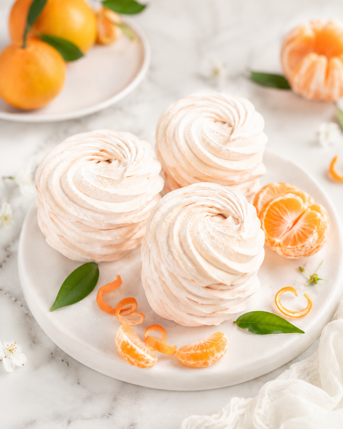 Mandarin zefir dusted with powdered sugar and fresh mandarin
