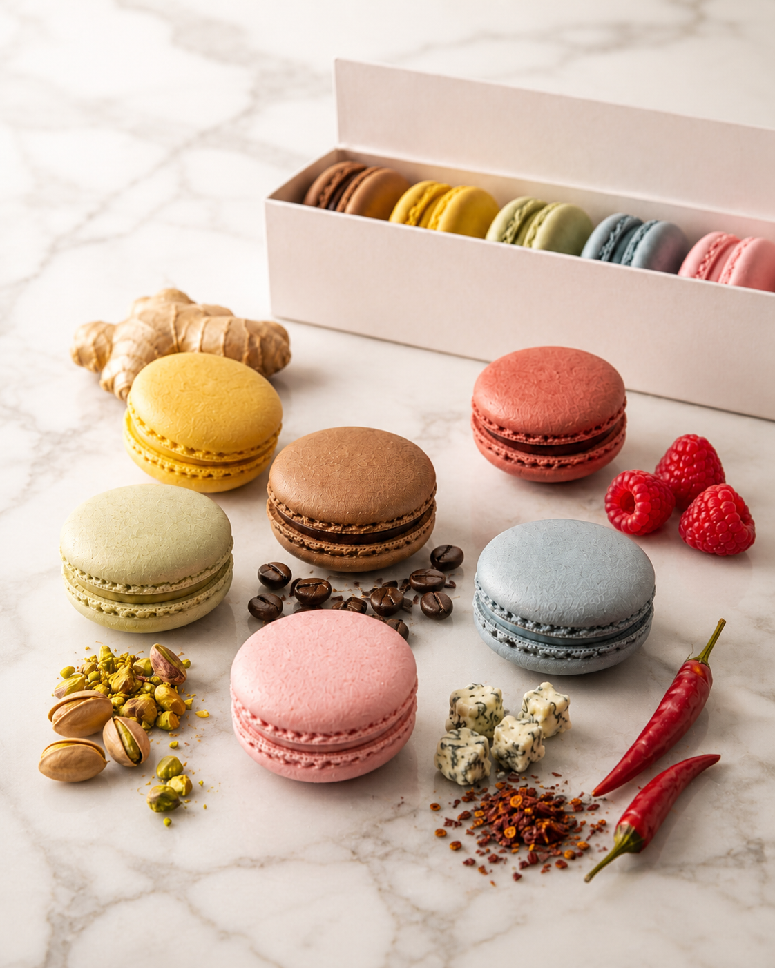 Box of pistachio macarons with chocolate ganache