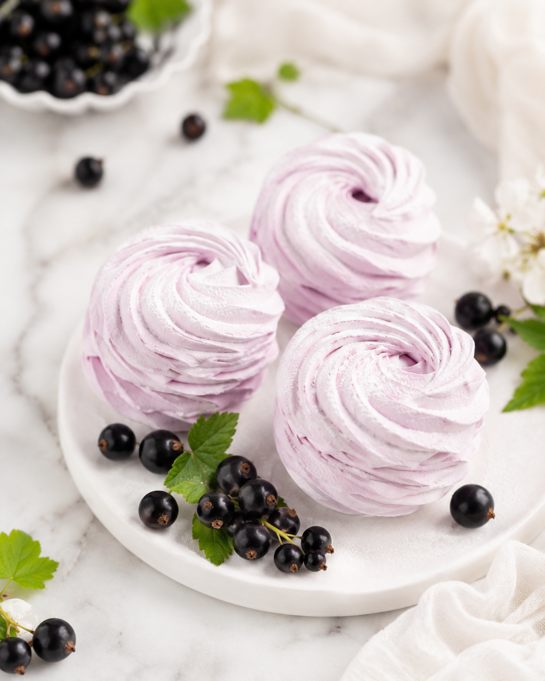 Blackcurrant zefir dusted with powdered sugar and fresh blackcurrants