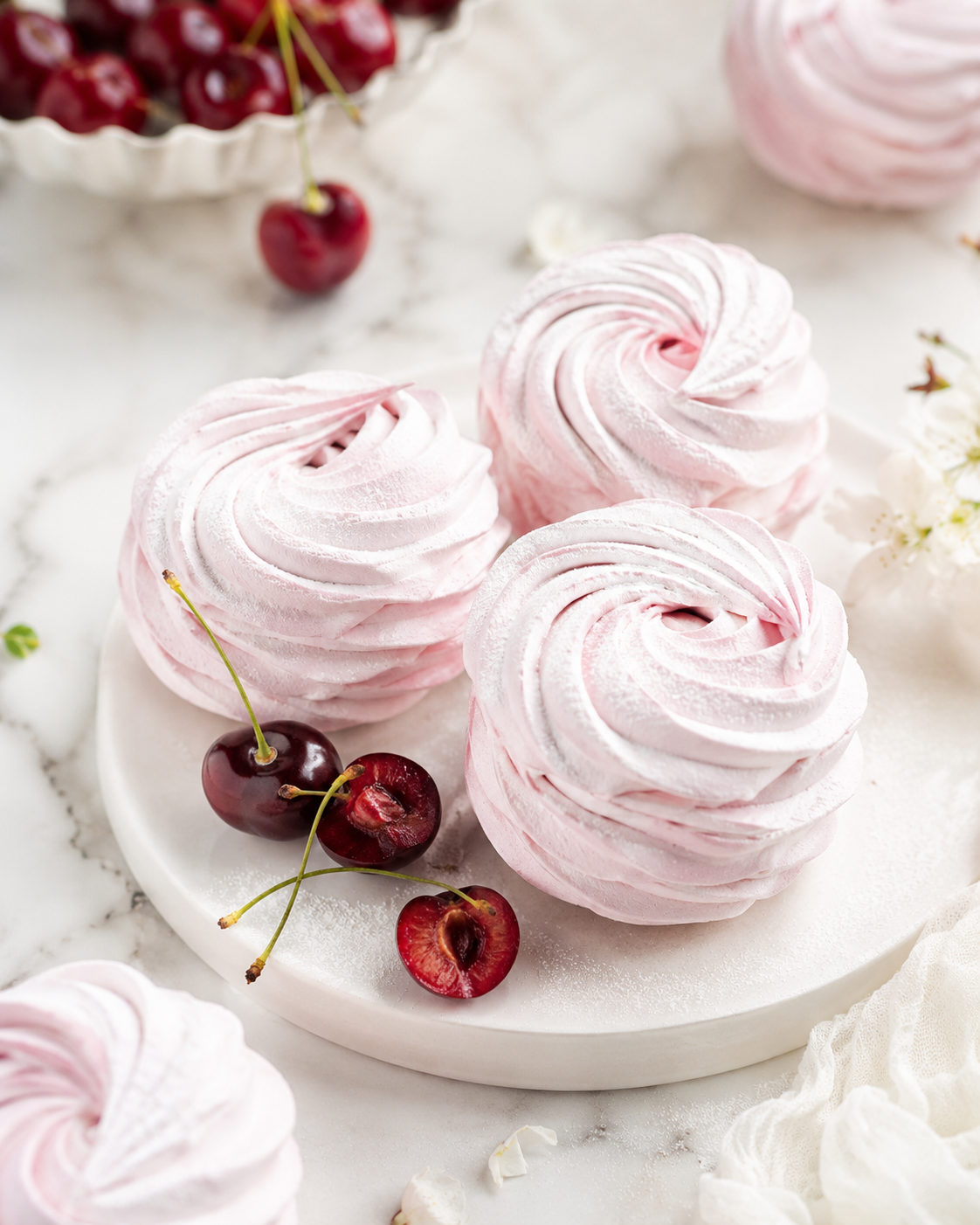 Sour cherry zefir dusted with powdered sugar and fresh cherries