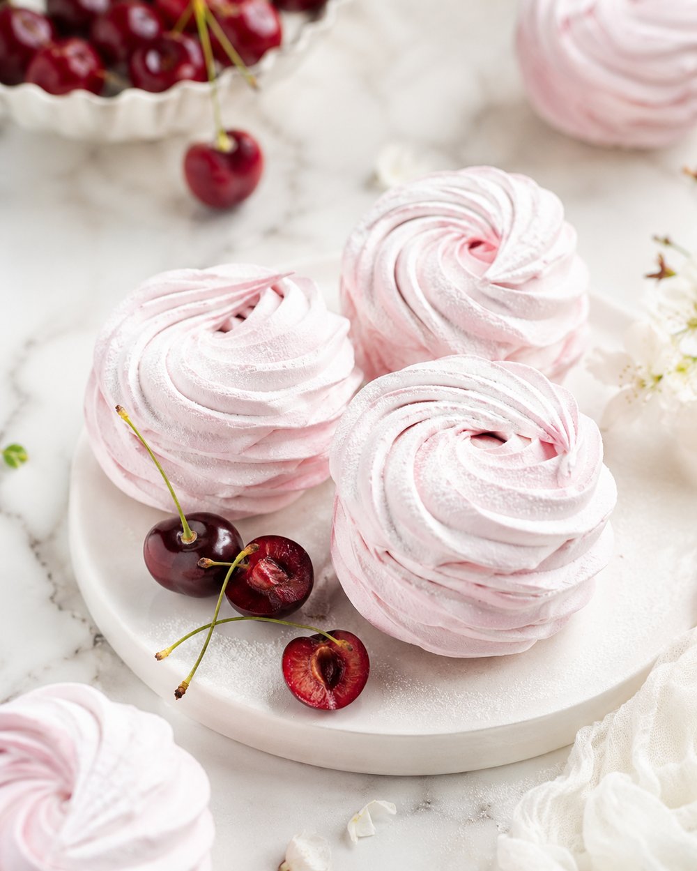 Sour cherry zefir dusted with powdered sugar and fresh cherries