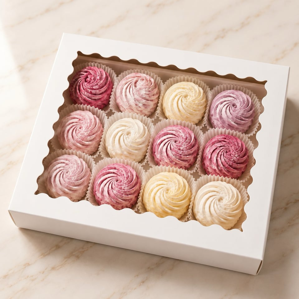 Box of twelve zefir in sour cherry, mandarin, blackcurrant and mango passion fruit