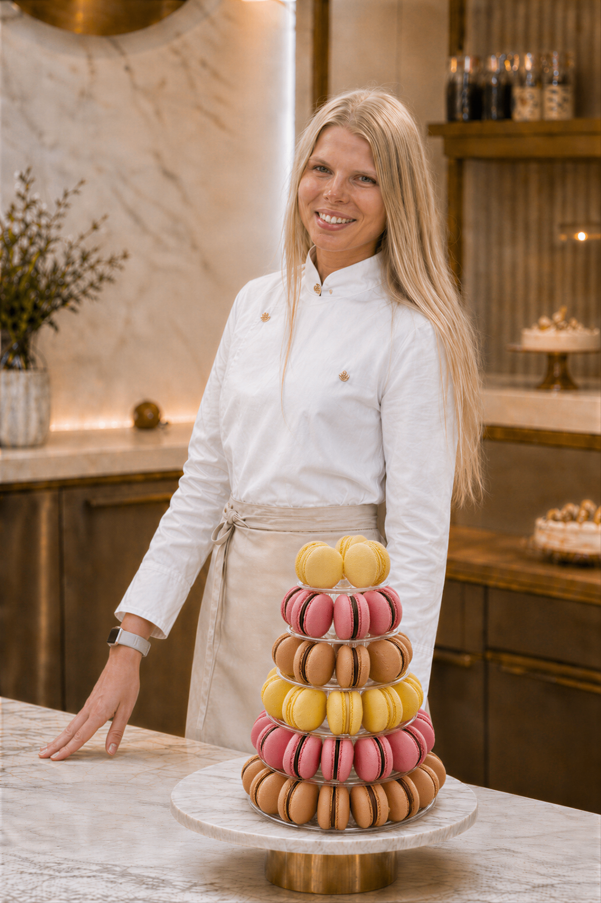 Chef Margarita with a tower of handcrafted macarons