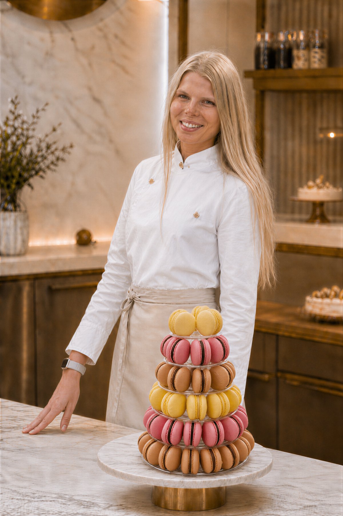 Chef Margarita with a tower of handcrafted macarons