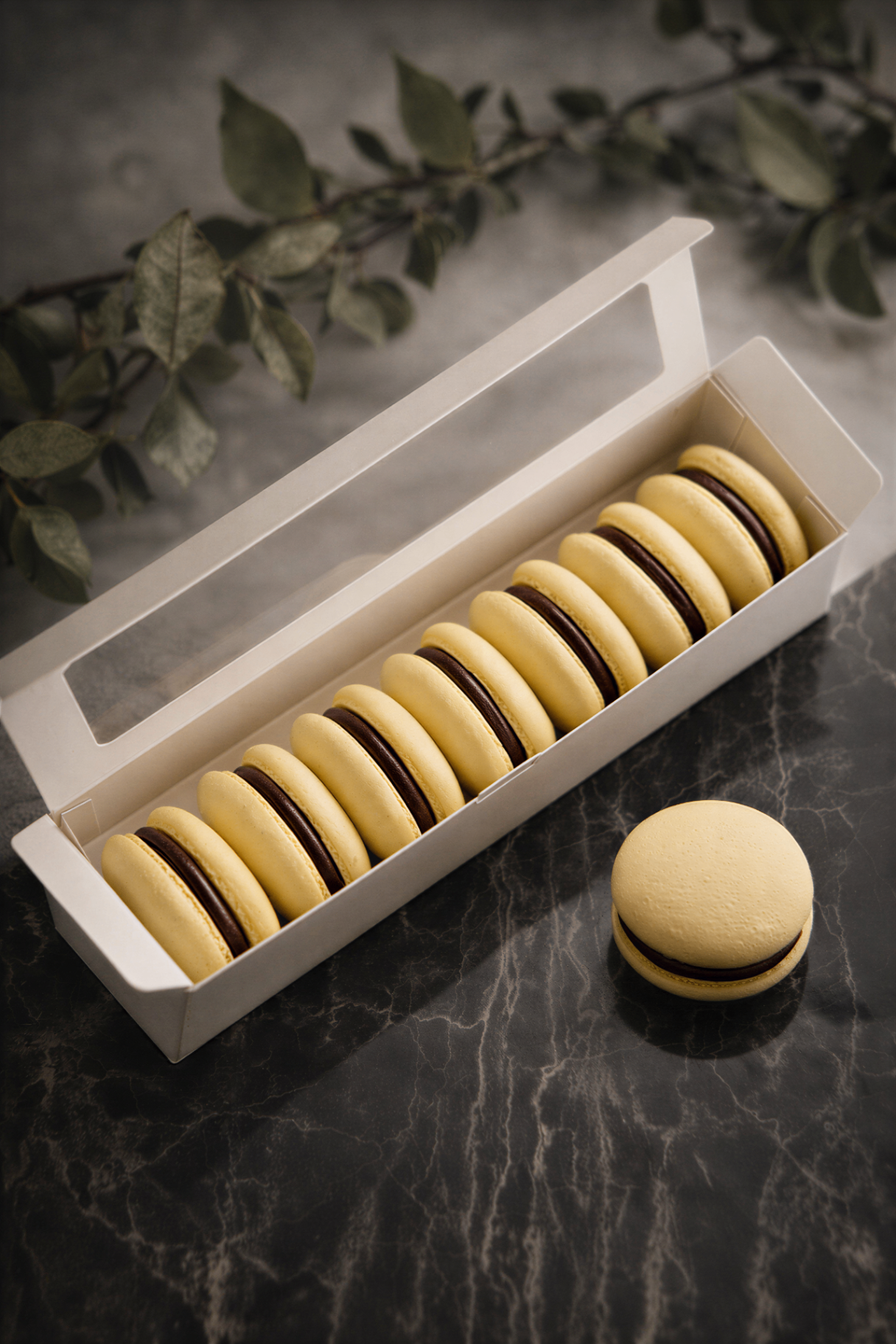 Box of vanilla chocolate macarons on dark marble with eucalyptus